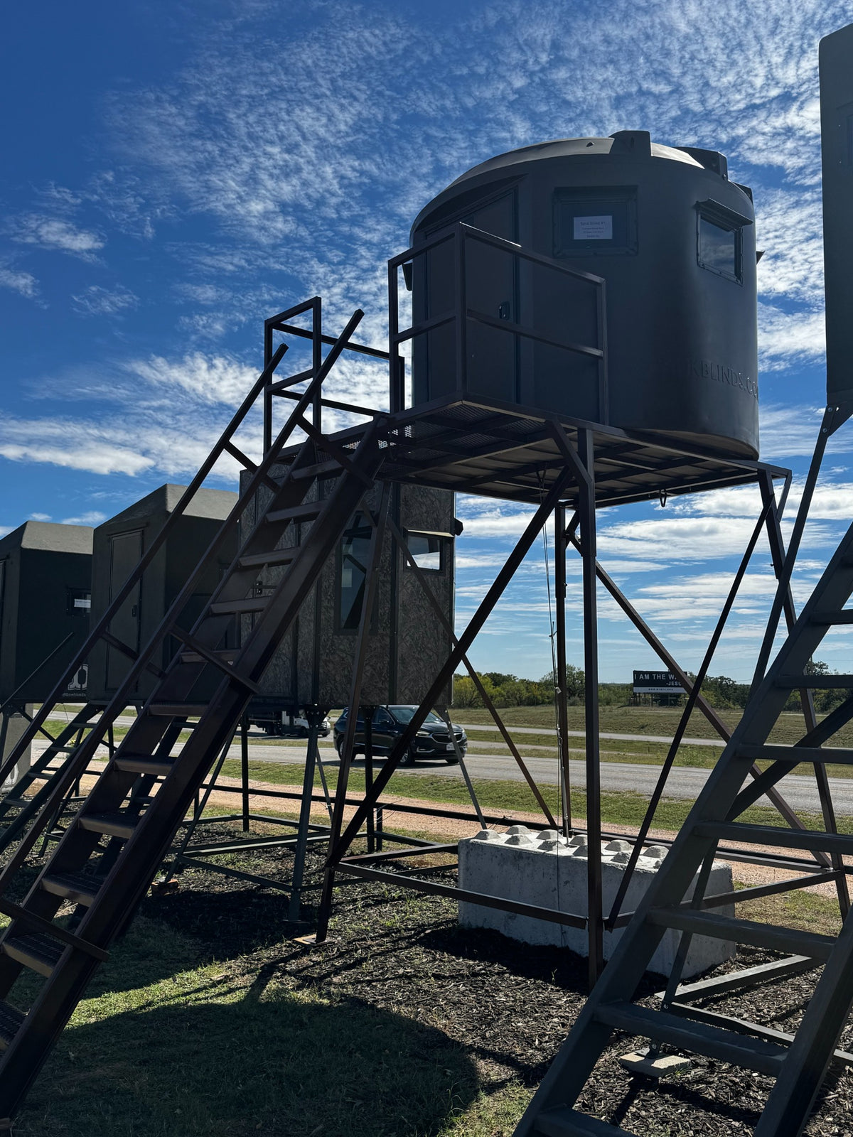 Tank Blind #1 on a 10-foot elevated tower with steel stairway and landing